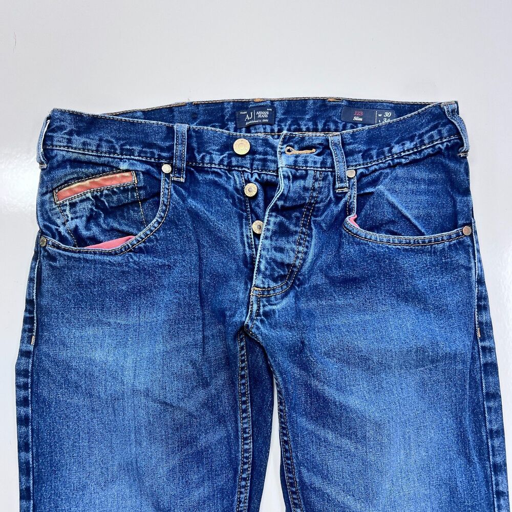 Armani Jeans J23 Slim Men’s 30x34 Blue Button Fly Straight Denim Pants - Picture 2 of 8